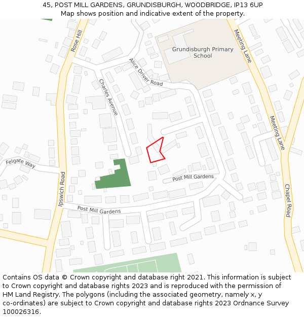 45, POST MILL GARDENS, GRUNDISBURGH, WOODBRIDGE, IP13 6UP: Location map and indicative extent of plot