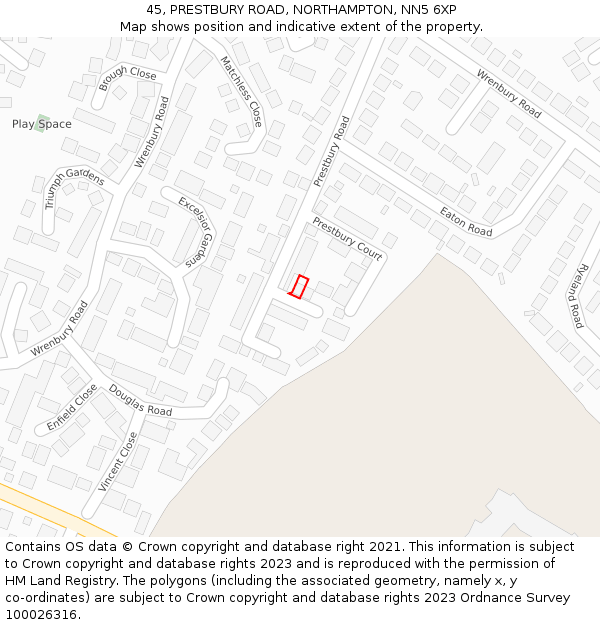 45, PRESTBURY ROAD, NORTHAMPTON, NN5 6XP: Location map and indicative extent of plot
