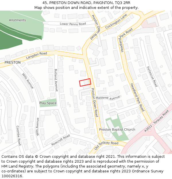 45, PRESTON DOWN ROAD, PAIGNTON, TQ3 2RR: Location map and indicative extent of plot