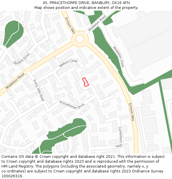 45, PRINCETHORPE DRIVE, BANBURY, OX16 4FN: Location map and indicative extent of plot