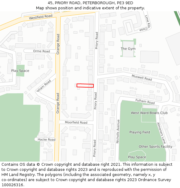 45, PRIORY ROAD, PETERBOROUGH, PE3 9ED: Location map and indicative extent of plot