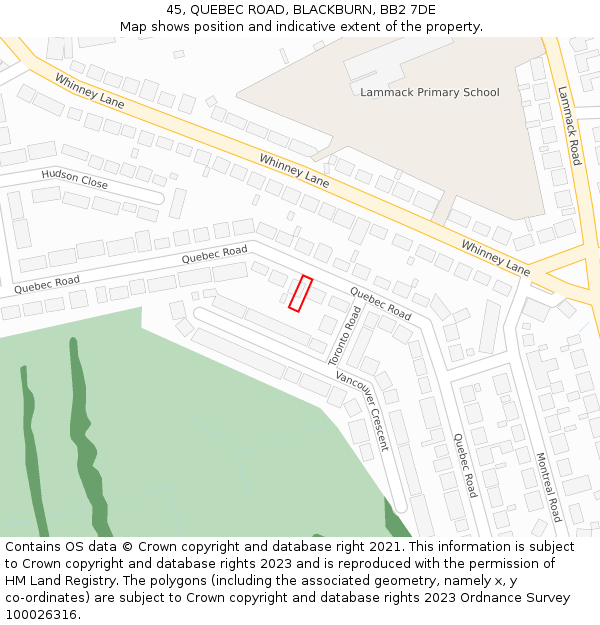 45, QUEBEC ROAD, BLACKBURN, BB2 7DE: Location map and indicative extent of plot