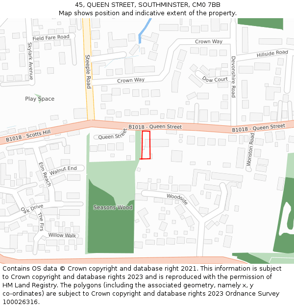 45, QUEEN STREET, SOUTHMINSTER, CM0 7BB: Location map and indicative extent of plot