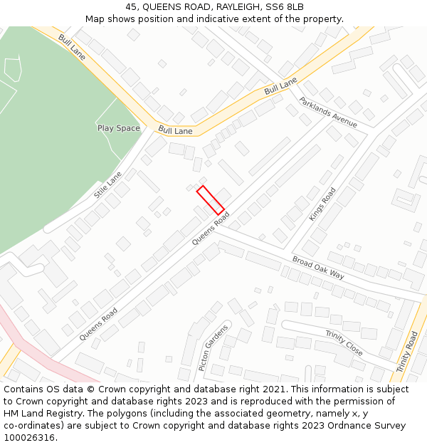 45, QUEENS ROAD, RAYLEIGH, SS6 8LB: Location map and indicative extent of plot