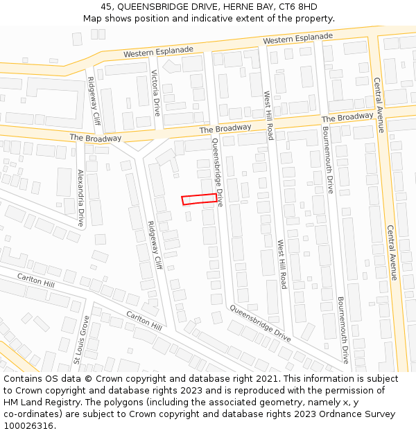 45, QUEENSBRIDGE DRIVE, HERNE BAY, CT6 8HD: Location map and indicative extent of plot