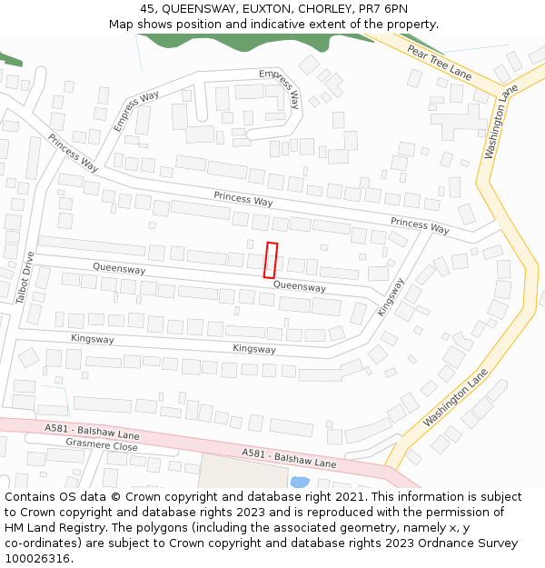45, QUEENSWAY, EUXTON, CHORLEY, PR7 6PN: Location map and indicative extent of plot