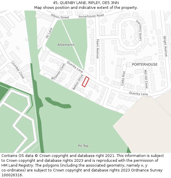 45, QUENBY LANE, RIPLEY, DE5 3NN: Location map and indicative extent of plot