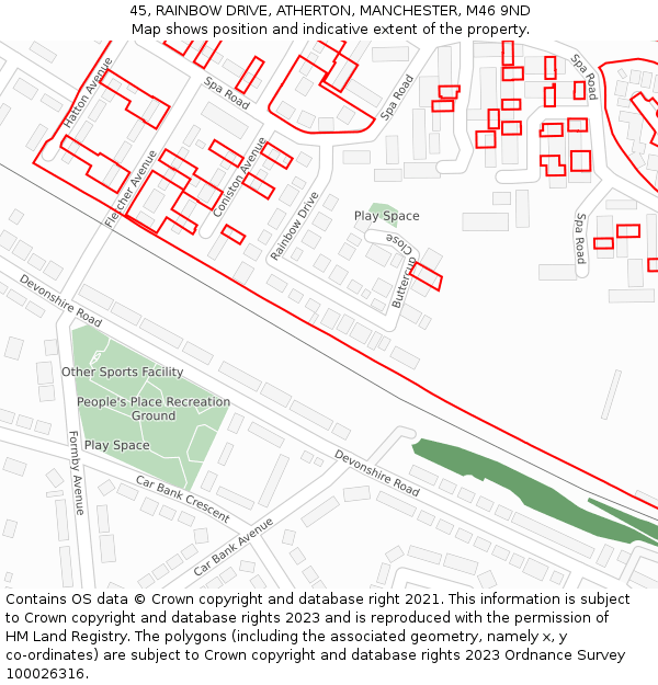 45, RAINBOW DRIVE, ATHERTON, MANCHESTER, M46 9ND: Location map and indicative extent of plot