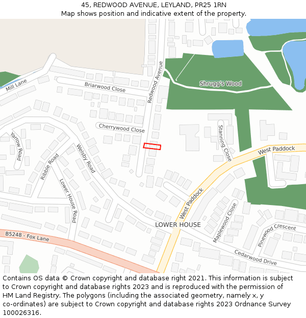 45, REDWOOD AVENUE, LEYLAND, PR25 1RN: Location map and indicative extent of plot