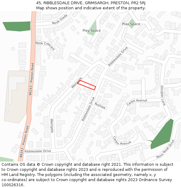 45, RIBBLESDALE DRIVE, GRIMSARGH, PRESTON, PR2 5RJ: Location map and indicative extent of plot