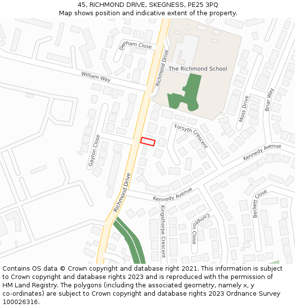 45, RICHMOND DRIVE, SKEGNESS, PE25 3PQ: Location map and indicative extent of plot