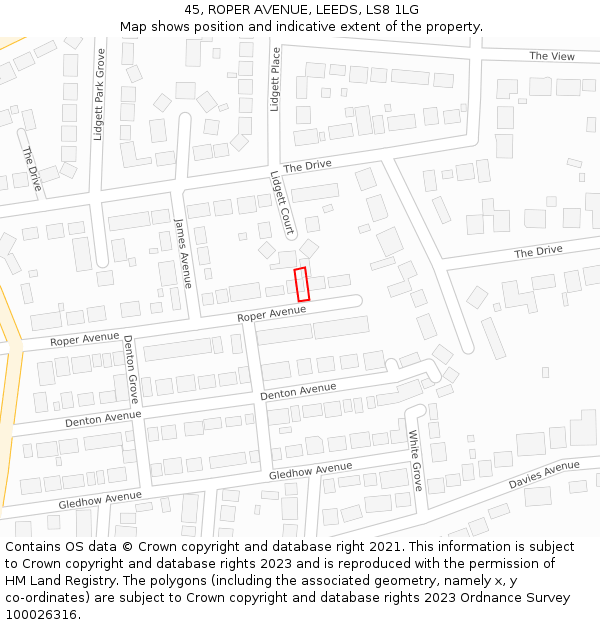 45, ROPER AVENUE, LEEDS, LS8 1LG: Location map and indicative extent of plot