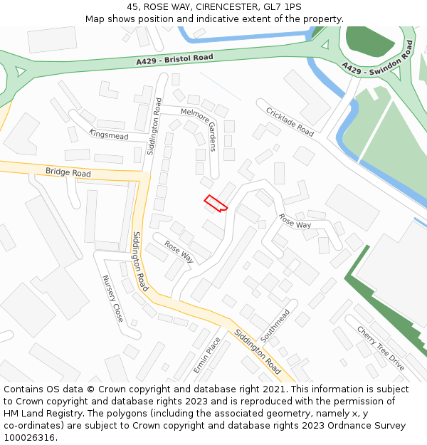 45, ROSE WAY, CIRENCESTER, GL7 1PS: Location map and indicative extent of plot