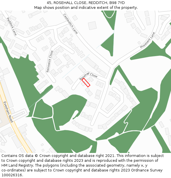 45, ROSEHALL CLOSE, REDDITCH, B98 7YD: Location map and indicative extent of plot