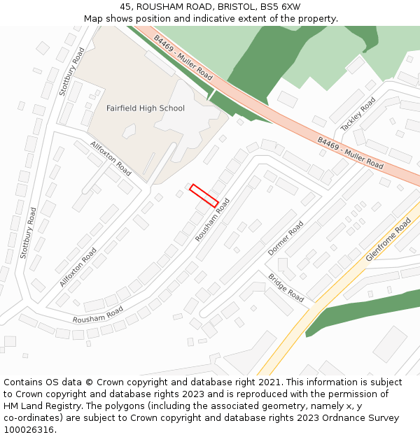 45, ROUSHAM ROAD, BRISTOL, BS5 6XW: Location map and indicative extent of plot