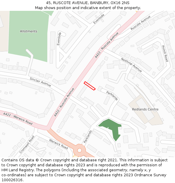 45, RUSCOTE AVENUE, BANBURY, OX16 2NS: Location map and indicative extent of plot