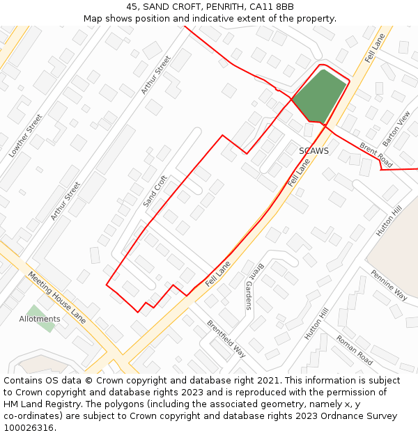 45, SAND CROFT, PENRITH, CA11 8BB: Location map and indicative extent of plot