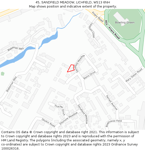 45, SANDFIELD MEADOW, LICHFIELD, WS13 6NH: Location map and indicative extent of plot