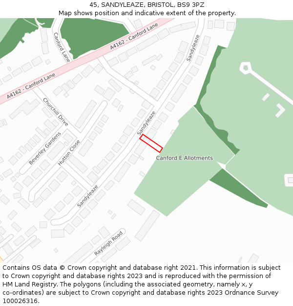 45, SANDYLEAZE, BRISTOL, BS9 3PZ: Location map and indicative extent of plot