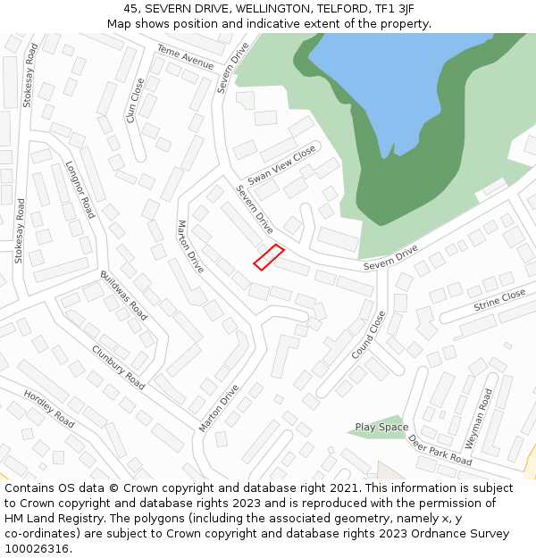 45, SEVERN DRIVE, WELLINGTON, TELFORD, TF1 3JF: Location map and indicative extent of plot