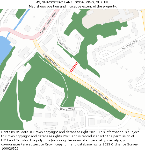 45, SHACKSTEAD LANE, GODALMING, GU7 1RL: Location map and indicative extent of plot