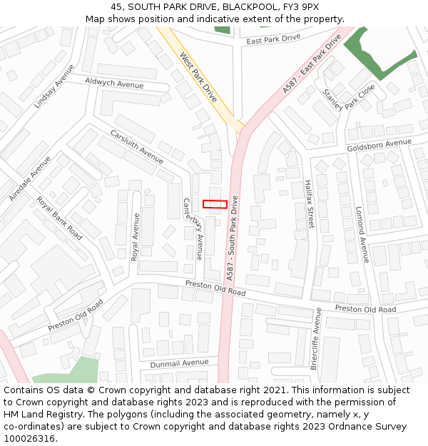 45, SOUTH PARK DRIVE, BLACKPOOL, FY3 9PX: Location map and indicative extent of plot