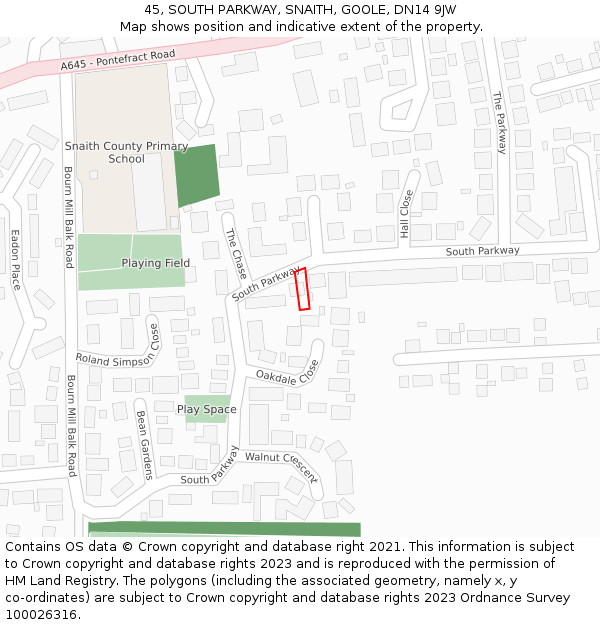 45, SOUTH PARKWAY, SNAITH, GOOLE, DN14 9JW: Location map and indicative extent of plot