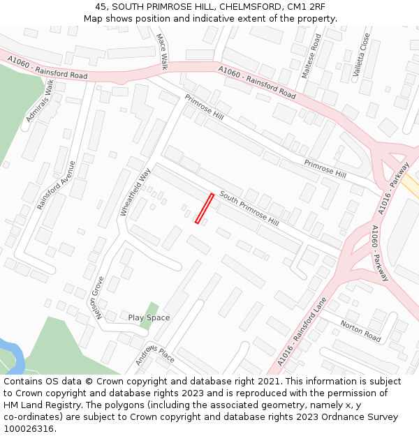 45, SOUTH PRIMROSE HILL, CHELMSFORD, CM1 2RF: Location map and indicative extent of plot