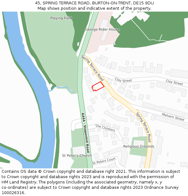 45, SPRING TERRACE ROAD, BURTON-ON-TRENT, DE15 9DU: Location map and indicative extent of plot
