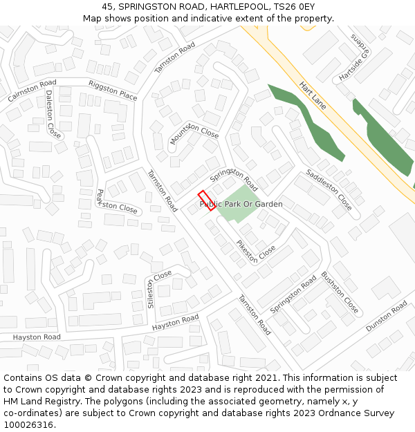 45, SPRINGSTON ROAD, HARTLEPOOL, TS26 0EY: Location map and indicative extent of plot