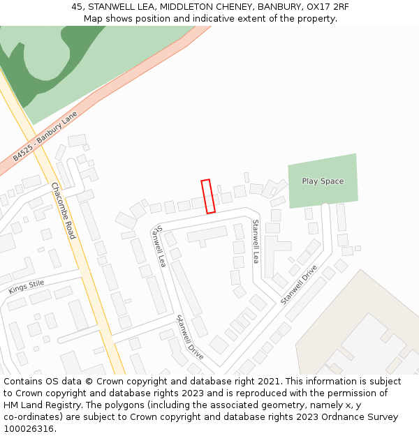 45, STANWELL LEA, MIDDLETON CHENEY, BANBURY, OX17 2RF: Location map and indicative extent of plot