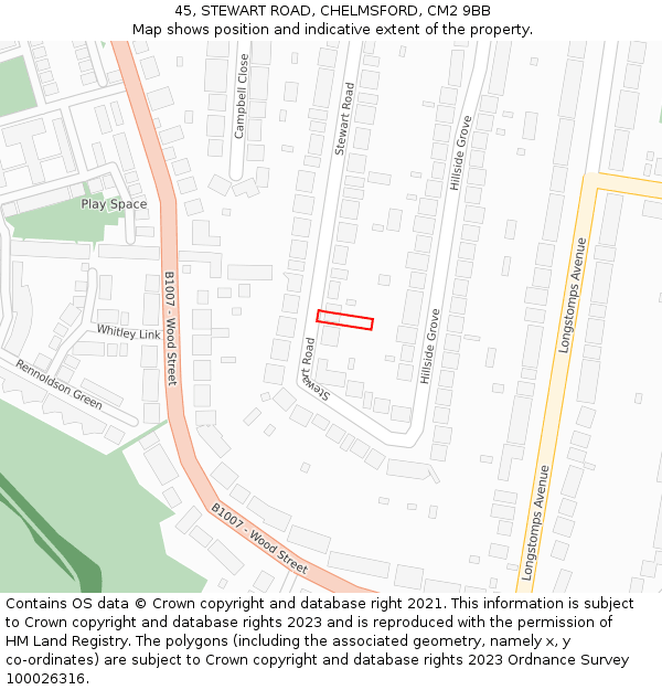 45, STEWART ROAD, CHELMSFORD, CM2 9BB: Location map and indicative extent of plot