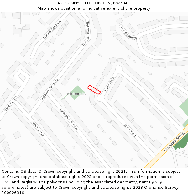 45, SUNNYFIELD, LONDON, NW7 4RD: Location map and indicative extent of plot