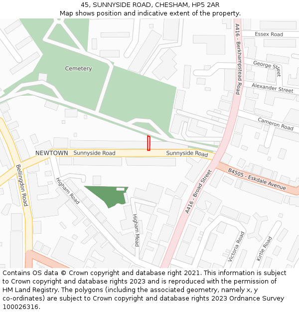 45, SUNNYSIDE ROAD, CHESHAM, HP5 2AR: Location map and indicative extent of plot