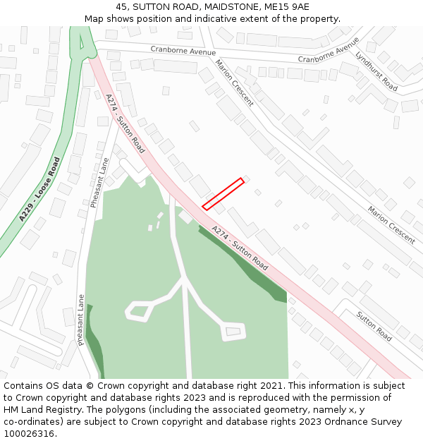 45, SUTTON ROAD, MAIDSTONE, ME15 9AE: Location map and indicative extent of plot