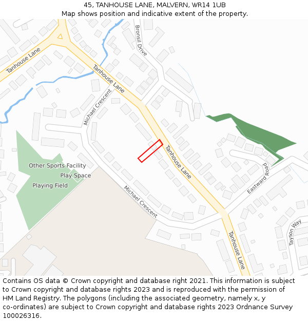 45, TANHOUSE LANE, MALVERN, WR14 1UB: Location map and indicative extent of plot