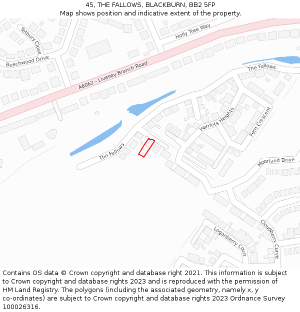 45, THE FALLOWS, BLACKBURN, BB2 5FP: Location map and indicative extent of plot