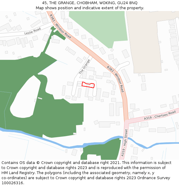 45, THE GRANGE, CHOBHAM, WOKING, GU24 8NQ: Location map and indicative extent of plot