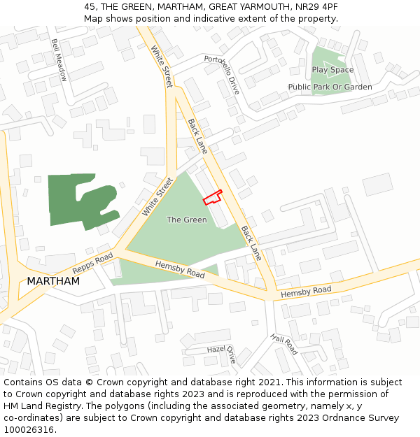 45, THE GREEN, MARTHAM, GREAT YARMOUTH, NR29 4PF: Location map and indicative extent of plot