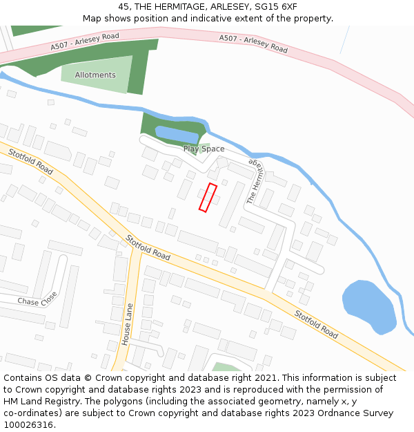 45, THE HERMITAGE, ARLESEY, SG15 6XF: Location map and indicative extent of plot