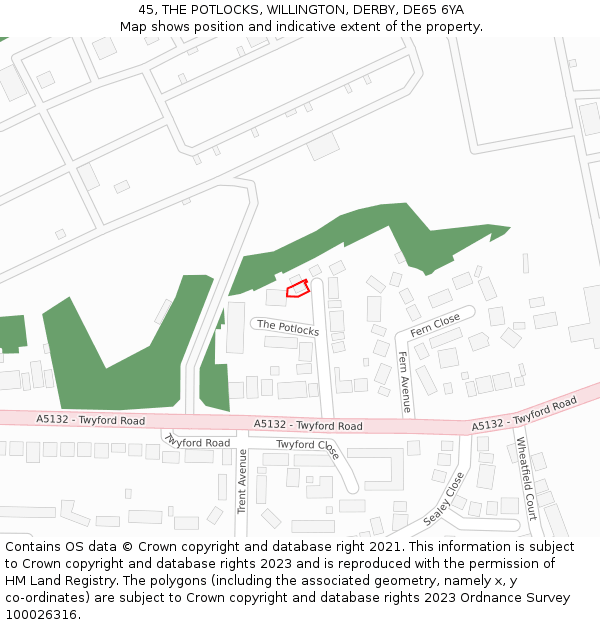 45, THE POTLOCKS, WILLINGTON, DERBY, DE65 6YA: Location map and indicative extent of plot