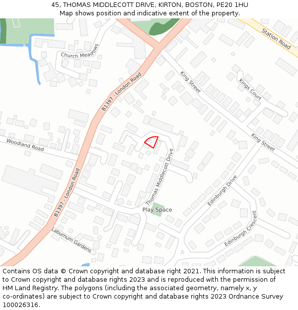 45, THOMAS MIDDLECOTT DRIVE, KIRTON, BOSTON, PE20 1HU: Location map and indicative extent of plot
