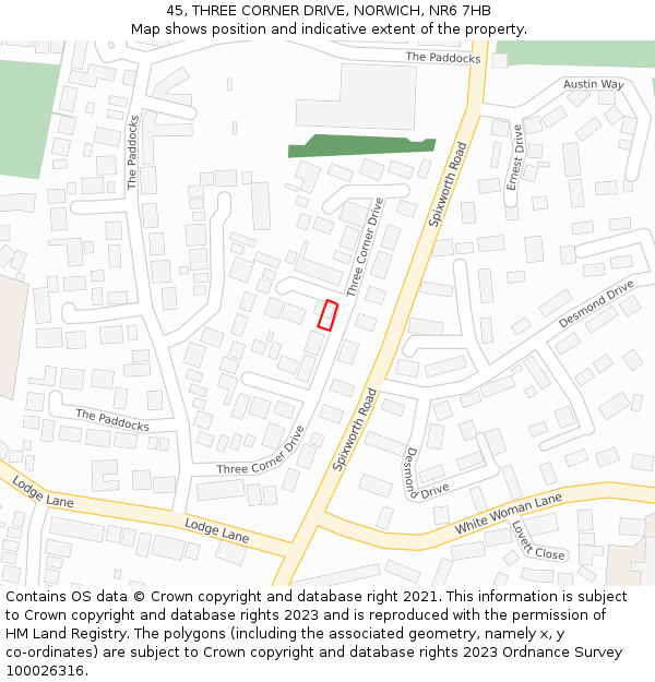 45, THREE CORNER DRIVE, NORWICH, NR6 7HB: Location map and indicative extent of plot