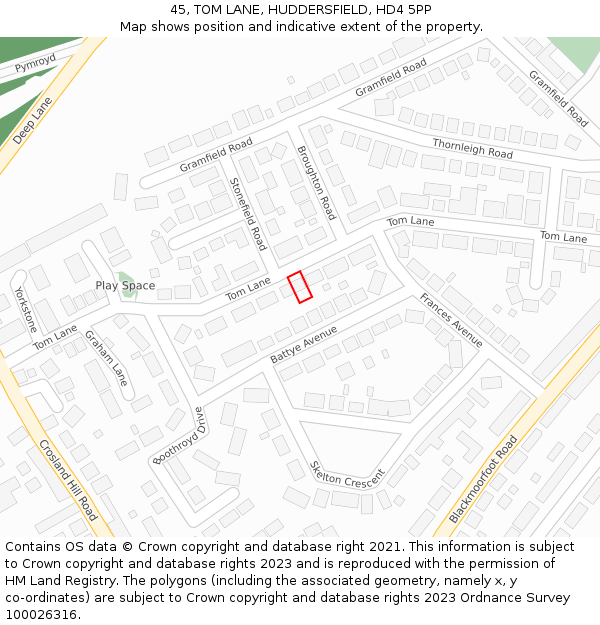 45, TOM LANE, HUDDERSFIELD, HD4 5PP: Location map and indicative extent of plot