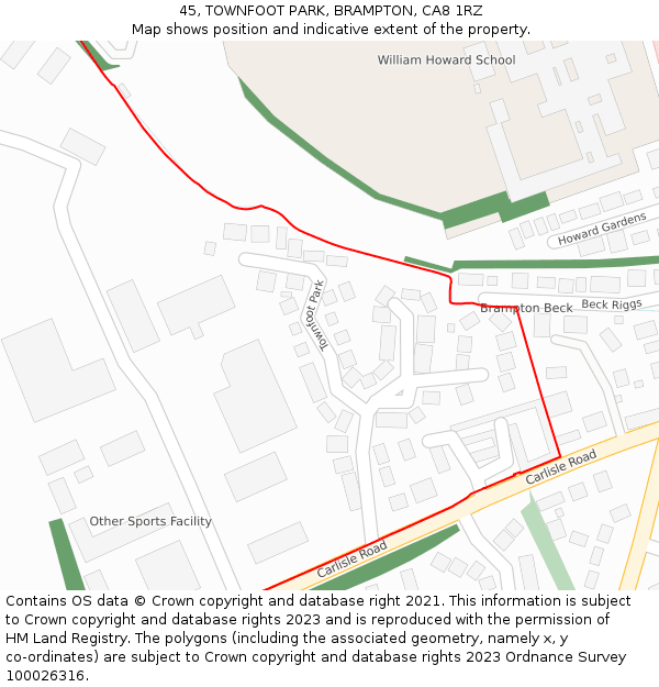 45, TOWNFOOT PARK, BRAMPTON, CA8 1RZ: Location map and indicative extent of plot