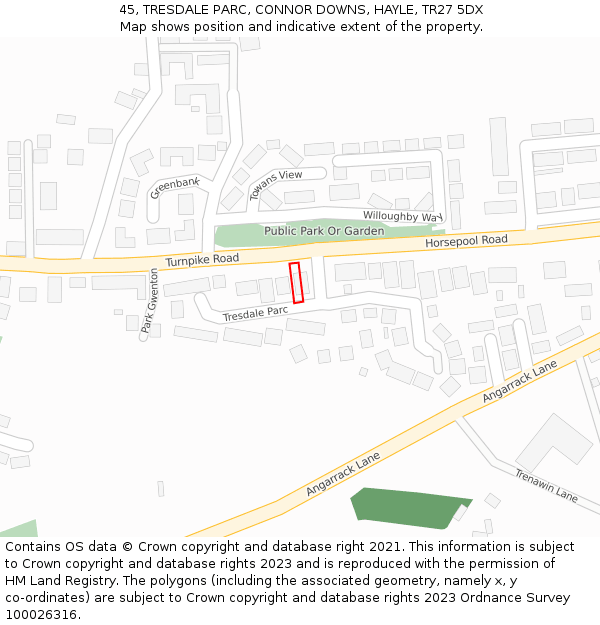45, TRESDALE PARC, CONNOR DOWNS, HAYLE, TR27 5DX: Location map and indicative extent of plot