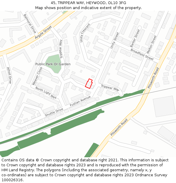 45, TRIPPEAR WAY, HEYWOOD, OL10 3FG: Location map and indicative extent of plot