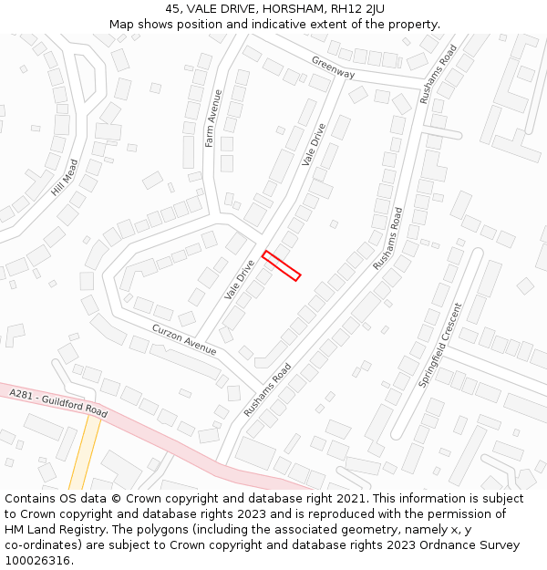45, VALE DRIVE, HORSHAM, RH12 2JU: Location map and indicative extent of plot
