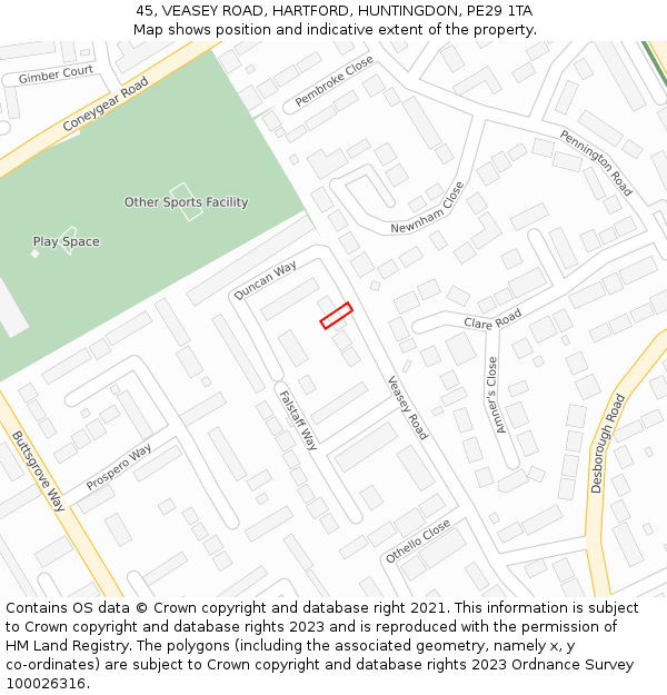45, VEASEY ROAD, HARTFORD, HUNTINGDON, PE29 1TA: Location map and indicative extent of plot