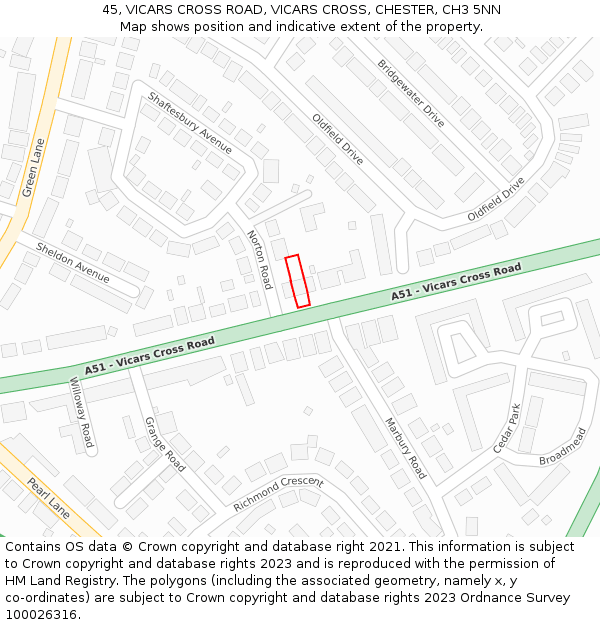 45, VICARS CROSS ROAD, VICARS CROSS, CHESTER, CH3 5NN: Location map and indicative extent of plot